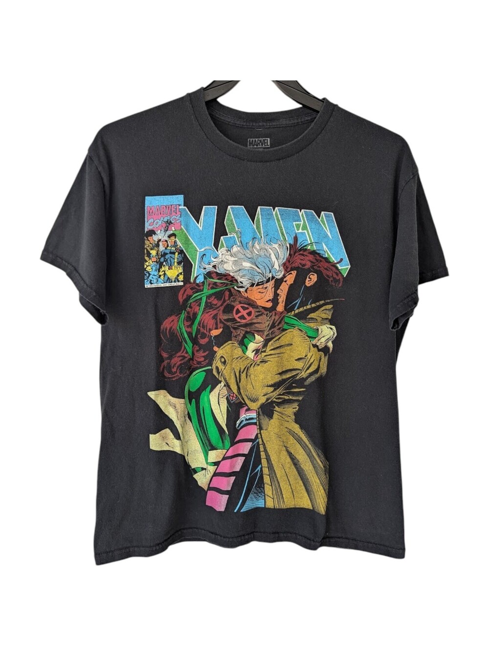 Marvel X-Men T-Shirt Mens Large Black 97 Rogue & Gambit Kiss Comic Tee 21.5x28